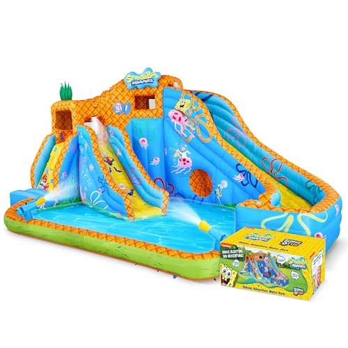 SUNNY & FUN Spongebob Deluxe Inflatable Water Slide Park with Climbing Wall & Splash Pool