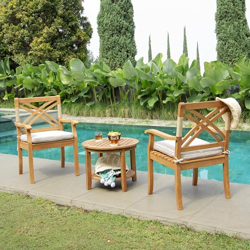Cambridge Casual Sierra 3-Piece Teak Wood Outdoor Patio Bistro Chat Set, Side Table and 2 Patio Chairs for Garden, Balcony, Backyard and Poolside, Beige Cushion/Teak Wood