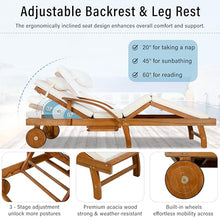 Merax Outdoor Lounge Chair with Adjustable Backrest, Leg Rest and Side Tray, Set of 2 Acacia Wood Patio Folding Chaise Lounge with 3.1" Thick Cushions for Patio Poolside Garden, All-Weather, Beige
