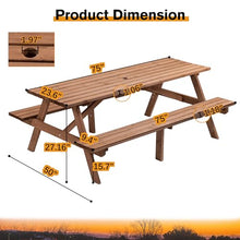 YOPTO 8 Person Wood Picnic Table with 2 Built-in Benches and Umbrella Hole, Outdoor Rectangular Camping Dining Table with 2 Seats,for Garden, Backyard, Porch, Patio,Brown