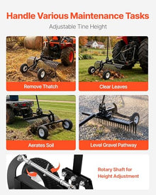 VEVOR 48in Tow Behind Landscape Rake, Pull Behind Lawn Rock Rakes for ATV Mower Tractors, 24 Durable Steel Tines, Adjustable Height & Angle, Heavy Duty Dethatcher Rake for Leaves Debris