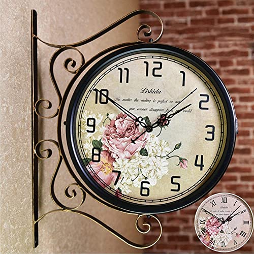 SLGGPJBU Wall Clock Art Clock Outdoor Garden Clocks, Station Clock Double-Sided Hanging Clock Wall Clock Retro Vintage Station Clock C