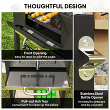 Charcoal Grill with Wheels, Outdoor BBQ Grill with Side Shelves & Thermometer, Barbecue Smoker with Bottom Storage Shelf, Adjustable Charcoal Pan, Patio Cooking Station for Camping Party