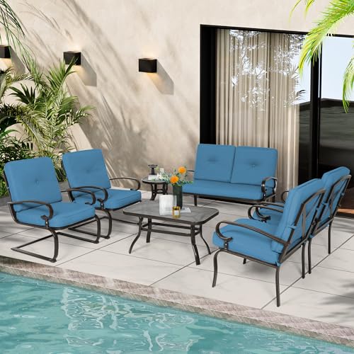 Incbruce 7 Piece Wrought Iron Patio Furniture Set Metal Outdoor Conversation Sets (Loveseat, Coffee Table and Bistro Table, 2 Spring Chair, 2 Dining Chairs) with Cushion (Peacock Blue)
