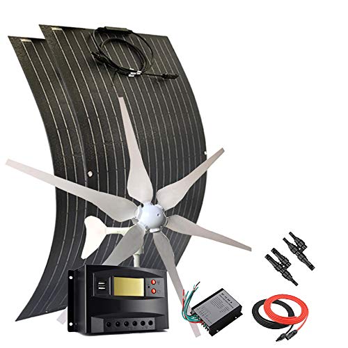 600W Solar Panel Wind Turbine Kit for RV:400W Wind Turbine Generator/2pcs 100W etfe Flexible Solar Panels Monocrystalline/Charge Controller/Cable/Connector