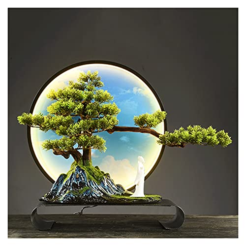 Fake Plants 17 Inches Artificial Bonsai Tree,LED Warm Light Ring Faux Ornaments,Fake Tree for Decoration Desktop Display（with Cleaning Brush） Bonsai Tree (Color : 1)
