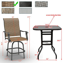3 Piece Outdoor Bar Stools Set - 2 Bar Height Swivel Patio Chairs & 1 High Bistro Table w/Umbrella Hole - All Weather Textilene High Top Patio Table and Chairs Set (Brown, Set of 3)