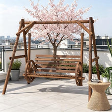 2-Seat Porch Swing with A-Frame Stand, Wooden Log Patio Swing Chair with Wagon Wheel Armrests, Adjustable Height, Gentle Swing Motion, Heavy Duty Fir Wood, 550 lbs Capacity for Garden Yard Deck