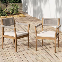 Seeheool Braided Acacia Wood Outdoor Dining Chairs Set of 4 – Teak Look with Beige Rope & Cream Cushions, Armrests – All-Weather Patio Furniture for Garden, Poolside, and Backyard (Durable & Stylish)