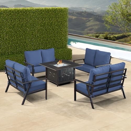 Oakland Living Black Aluminum Patio Fire Table Set with Four Deep Seating Loveseats with Cushions with Blue Cushions