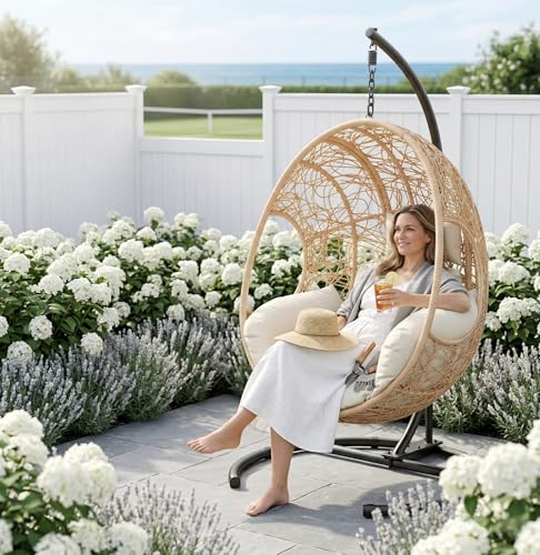 42 Inch Hanging Egg Chair with Stand, 400lb Capacity Outdoor Swing Chair with 8 Inch Thick Cushion and Waterproof Cover, Heavy Duty U-Base Hammock Chair for Patio Garden Balcony, Natural PE Rattan