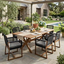 Christopher Knight Home Rame 7 Piece Acacia Wood Outdoor Dining Table Set for 6, Extendable Dining Table and 6 Chairs with Cushion & Rope Accent, Wooden Outdoor Patio Furniture Set, Teak + Black