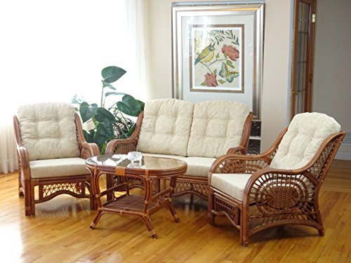 SunBear Furniture Lounge Malibu Loveseat Sofa ECO Natural Rattan Wicker Handmade Cream Cushions Cognac