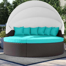 Modway Convene Wicker Rattan Outdoor Patio Retractable Canopy Round Poolside Sectional Sofa Daybed with Cushions in Espresso Turquoise