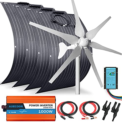 AUECOOR 800 Watts 24 Volts Solar Panel Wind Turbine Hybrid System Kit:4pcs 100W ETFE Flexible Monocrystalline Solar Panel+400 Watts Wind Turbine+1000W Inverter + Accessories,for Home RV Boats Roofs