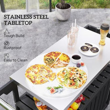 Modern Outdoor Bar Tables with Four 360° Swivel Wheels and Detachable Paper Towel Rack, Mobile Storage Islands with Cabinet and Open Shelf (Black and Silver)
