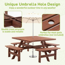 Hassyee Outdoor Picnic Table and Build-in Benches Set with Umbrella Hole for Poolside, Garden, Park, Wooden Furniture Set with Slatted Design and Metal Frame for Backyard, Deck (Square Table -Brown)