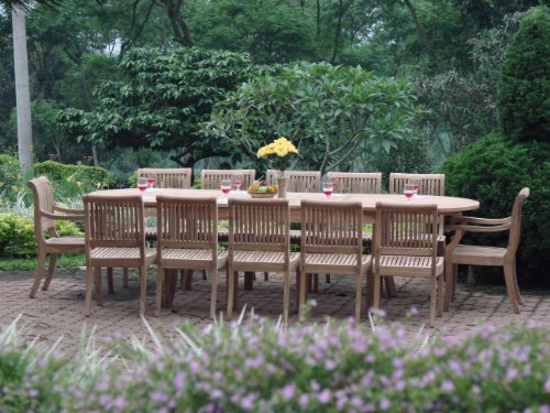 TeakStation 10 Seater Grade-A Teak Wood 11pc Dining Set: Large 117" Double Extension Oval Table, 8 Armless and 2 Arm/Captain Giva Chairs #TSDSGVj