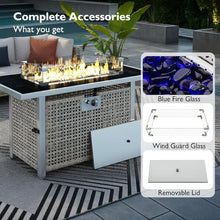 Propane Gas Fire Pit Table, Outdoor Fire Pits & Fireplaces, 60000 BTU Rectangular Open Weave Wicker Fire Pit with Glass Wind Cover for Outside Patio Deck Garden Backyard, Grey