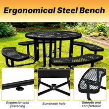 LAUCO 46-Inch Round Metal Picnic Table with Attached Benches, Black Thermoplastic Coated, Expanded Metal Construction, 1000 lb Capacity, Outdoor Use 36035