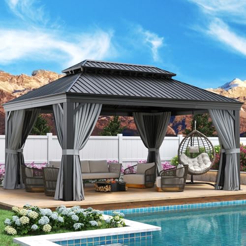 Aoxun 12' x 16' Permanent Hardtop Aluminum Gazebo with Double Roof, Curtains & Netting Gray