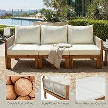 Merax Outdoor Daybed, Acacia Wood 3-Seat Patio Sofa Bed with Waterproof Cushions and Rope Woven Arms, Convertible Sleeper Couch with Pull-Out Function for Poolside, Backyard, Garden