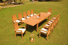 WholesaleTeak 12 Seats 13 Pcs Grade-A Teak Wood Dining Set: 122" Caranas Double Extension Rectangle Table and 12 Goa Stackng Arm Chairs #WHDSGO