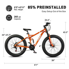 Viribus Fat Tire Bike Mens Mountain Bike Full Suspension Shimano 21 Speed Aluminium Alloy Frame 26" MTB Adult Bike Orange