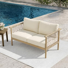 Seeheool Light Teak Acacia Wood Beige Rope, Oversized Outdoor Lounge Loveseat for Patio, Backyard with Cream Cushions