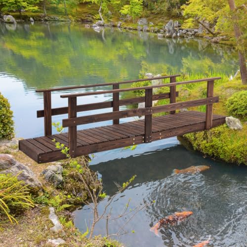 Rustic Wooden Garden Bridge with Side Handrails for Pond Crossing Safety, Classic Backyard Footbridge with Weather-Shield Varnish for Streamside Decoration, Arch Bridge for Zen Garden Walkways