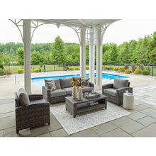 Signature Design by Ashley Oasis Court Outdoor Sofa Chair Table Set 4-Piece with Cushions and Pillows Grey