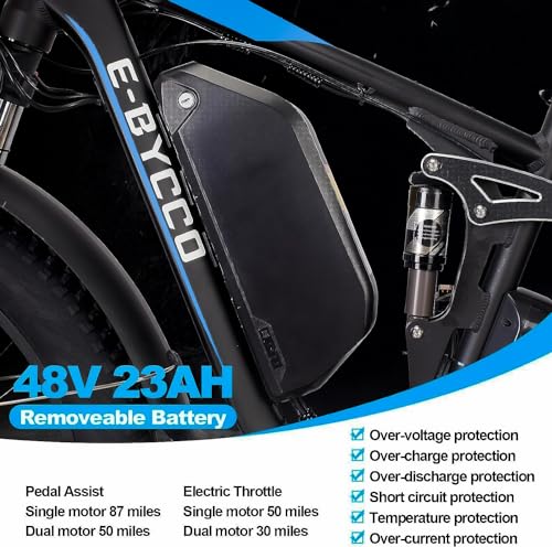 E·Bycco Dual 1000W Motors 2000W Electric Bike for Adults, 35MPH 48V 23Ah Battery Electric Bicycle, Full Suspension 26"*4.0 Fat Tire Hydraulic Disc Brake, Beach Off-Road Mountain E-Bike for Men EB7Pro Blue/2000W/Dual Motor