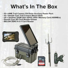 Stealth Cam HME Trail Camera 12V Solar Power Pack Bundle with 10x SD Card Reader, 10x Mount Stick, 20x 32GB Memory Cards