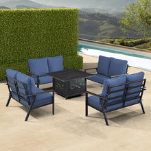 Oakland Living Black Aluminum Patio Fire Table Set with Four Deep Seating Loveseats with Cushions with Blue Cushions