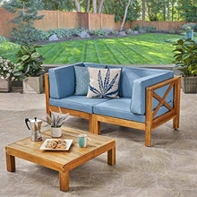 GDFStudio Outdoor Sectional Loveseat Set with Coffee Table | 2-Seater | Acacia Wood | Water-Resistant Cushions | Teak and Blue