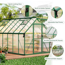 CABIHOME 8x12 FT Outdoor Greenhouse, Polycarbonate Greenhouse with Roof Vent and Ground Nails, Aluminum Large Walk-in Green House w/ Lockable Push Door for Outdoor Garden (Green, 8x14 FT)