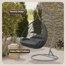 LeisureMod Hanging Egg Chair with Stand for Indoor Outdoor Wicker Patio Swing Chair Open Weave Basket Design with Cushion Metal Frame for Patio Garden Balcony (Grey Frame Dark Grey Cushion)