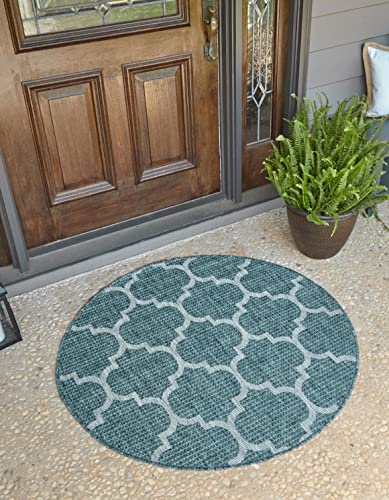 Unique Loom Outdoor Trellis Collection Area Rug - Trellis (Round 13' 0" x 13' 0", Teal/ Gray)