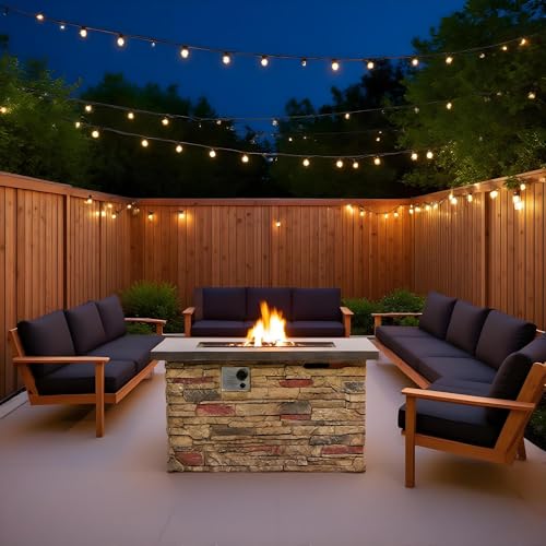 Rectangular Propane Fire Pit Table with Steel Lid, 50000 BTU Outdoor Gas Fireplace for Patio Backyard Deck Garden, MgO Stone Look Burner, Pulse Ignition, Hidden Tank Compartment, Rain Cover