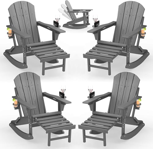 Patio Kingdom 4-Pack Adirondack Rocking Chairs with Retractable Ottoman & Cup Holders, Folding HDPE Patio Rockers for Porch, Deck, Fire Pit, Poly Lumber Outdoor Chairs with Phone Slot, Gray
