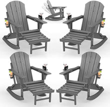 Patio Kingdom 4-Pack Adirondack Rocking Chairs with Retractable Ottoman & Cup Holders, Folding HDPE Patio Rockers for Porch, Deck, Fire Pit, Poly Lumber Outdoor Chairs with Phone Slot, Gray