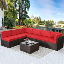 HTERWQEA Patio Conversation Set Outdoor Furniture, 7 Pieces Brown Wicker Rattan Sectional Sofa with Cushions, Modular Patio Furniture Set for Backyard, Deck, Garden, Porch