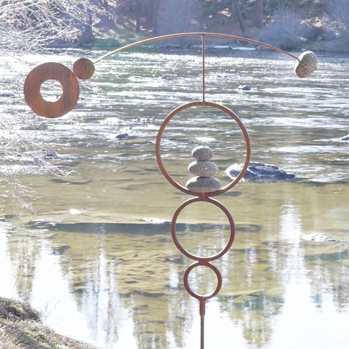 Kinetic Wind Spinner Zen Circles | Metal Modern Yard Art Garden Sculpture | Outdoor Steel Decor with Rock Cairn by Aura Life (Bare Steel)