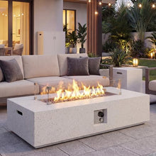COSIEST 2-Piece Outdoor Propane Fire Table Set, Rectangle Concrete 56-inch x 28-inch Fire Pit (Certified, 50,000 BTU) w 20lb Tank Table, Wind Guard, Waterproof Cover for Garden, Porch, Backyard