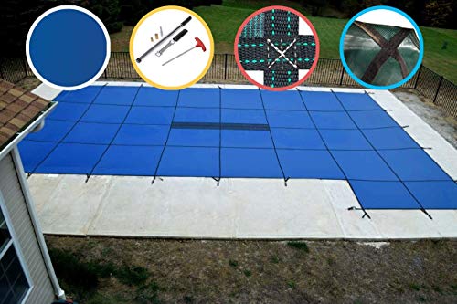 WaterWarden Premium Pool Safety Cover 16’x32’ Right Step Solid Blue With Drain Panel