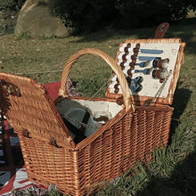 Willow Picnic Basket Set for 4 Persons, Vintage-Style Split Lid Wicker Picnic Hamper with Liner for Camping,Outdoor,Valentine Day,Thanks Giving,Birthday