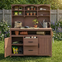 GDFStudio Junley Outdoor Storage Bench Table with Cabinet, Patio Wooden Potting Bench Plant Bench, Large Garden Storage Work Bench with Drawers, Cabinets, Hooks and Countertop, Kitchen Island, Brown