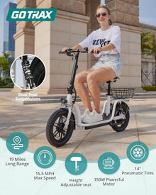 Gotrax Astro Electric Scooter with Seat 14" Tire 19 Miles Range 350W Motor White