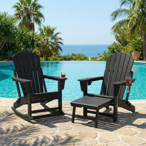 Folding Adirondack Rocking Chairs Set of 2,HDPE Outdoor Patio Chairs with Retractable Ottoman,Built-in Cup Holders & Extra Wide Armrests,Weather Resistant Heavy Duty Garden Rockers,Ideal for Backyard