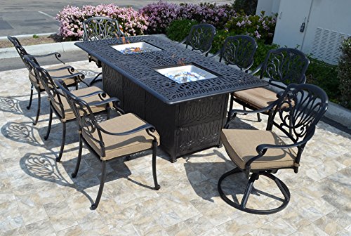 theWorldofpatio Elizabeth 9pc Cast Aluminum Dining Set with Propane Fire Pit Table Antique Bronze